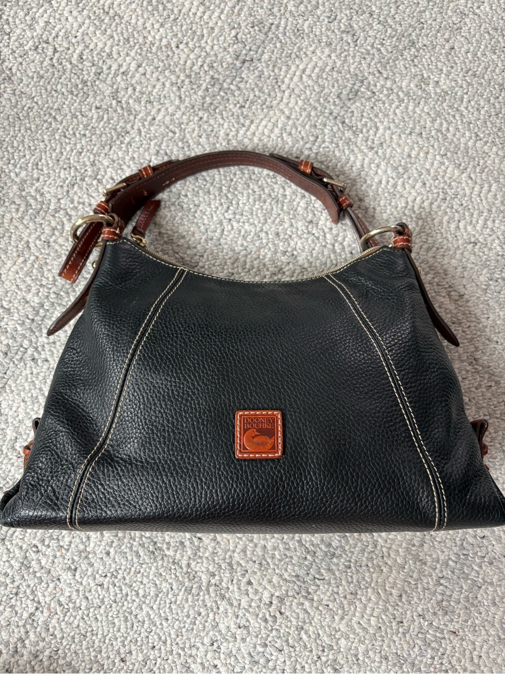 Dooney & Bourke Black Leather Shoulder Bag with Brown Trim